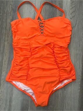 Bright Orange Ruched One-Piece Swimsuit with Lattice Front